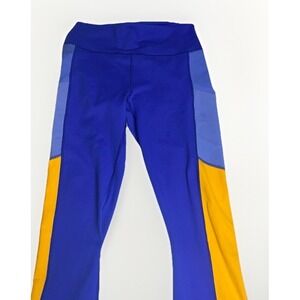 Fabletics Powerhold Leggings Womens Large Blue Yellow Mid Rise Athletic Pockets
